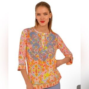Gretchen Scott Silk Hand Embroidered Tunic Watteau Women’s L  Boho Colorful Top